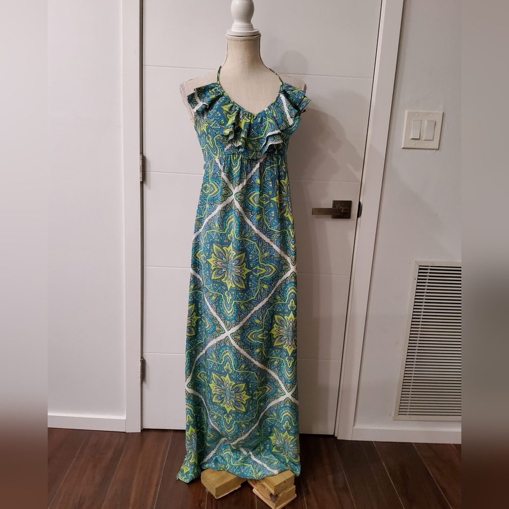 Alice and Trixie Silk Ruffle Printed Maxi Dress Size L